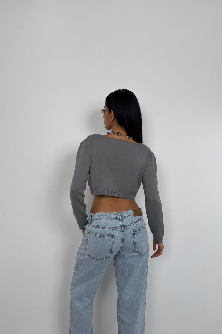 Askılı Bluz Hırka Gri Triko Takım