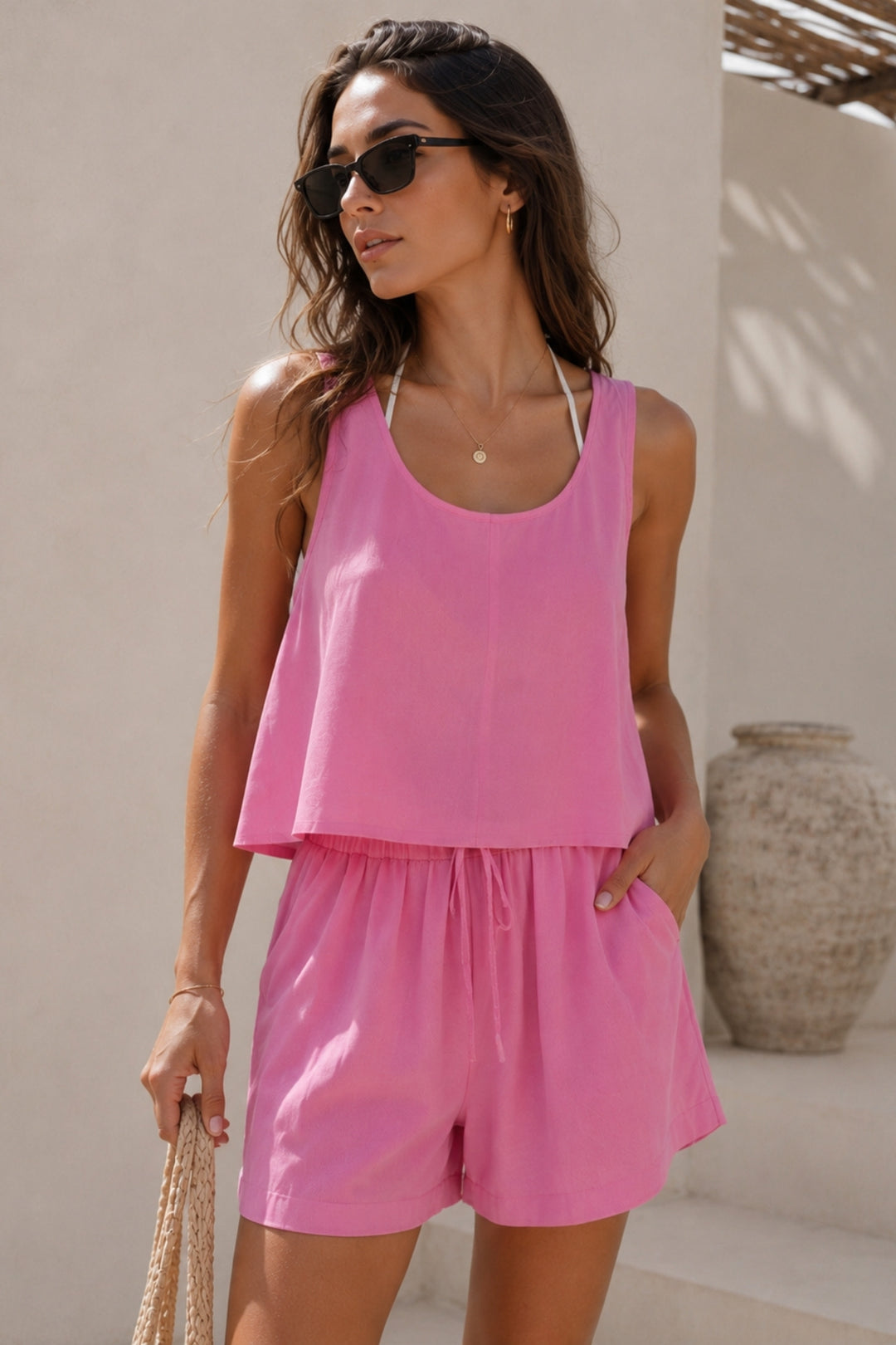 Askılı Bluz Yüksek Bel Şort İkili Pembe Modal Takım