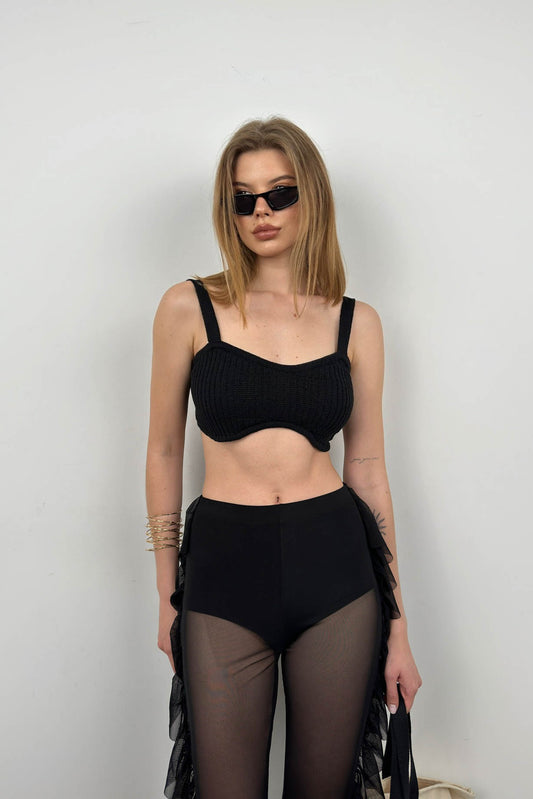 Black Crop Bra with Straps 