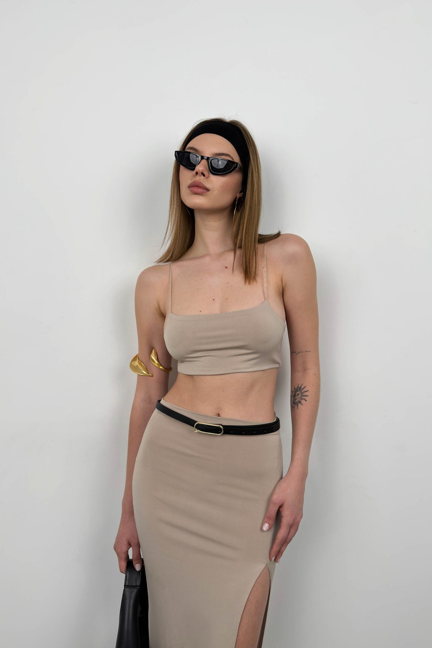 Crop Slit Beige Skirt Set with Straps 