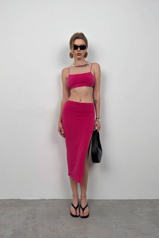 Suspender Crop Slit Fuchsia Skirt Set 