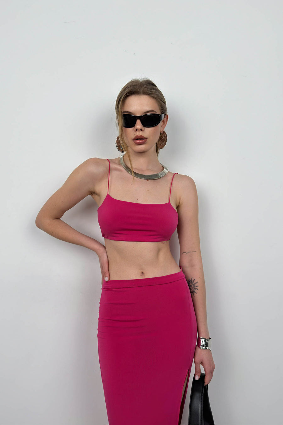 Suspender Crop Slit Fuchsia Skirt Set 