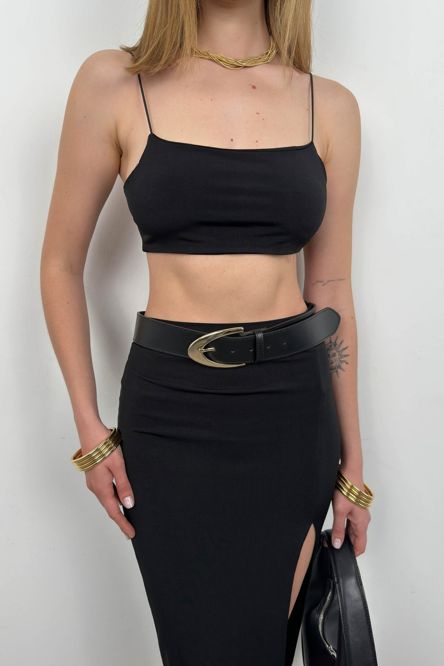 Crop Top with Slit and Black Skirt Set 