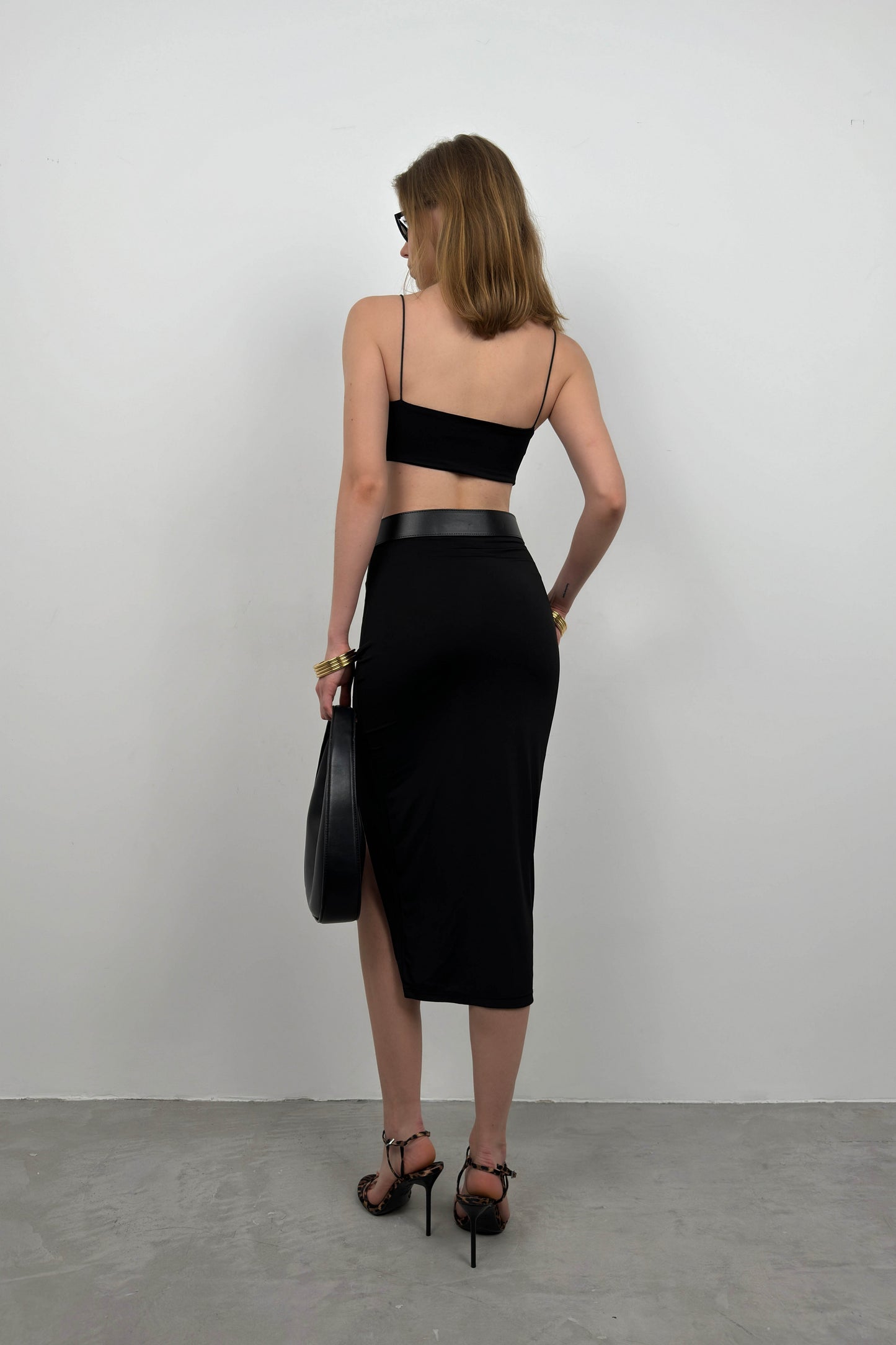 Crop Top with Slit and Black Skirt Set 