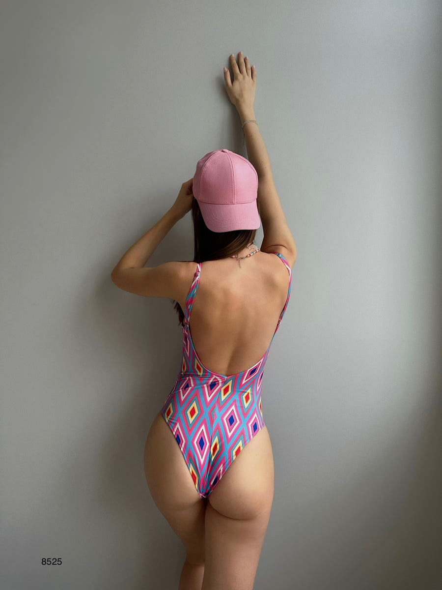 Strappy Patterned Pink Swimsuit 