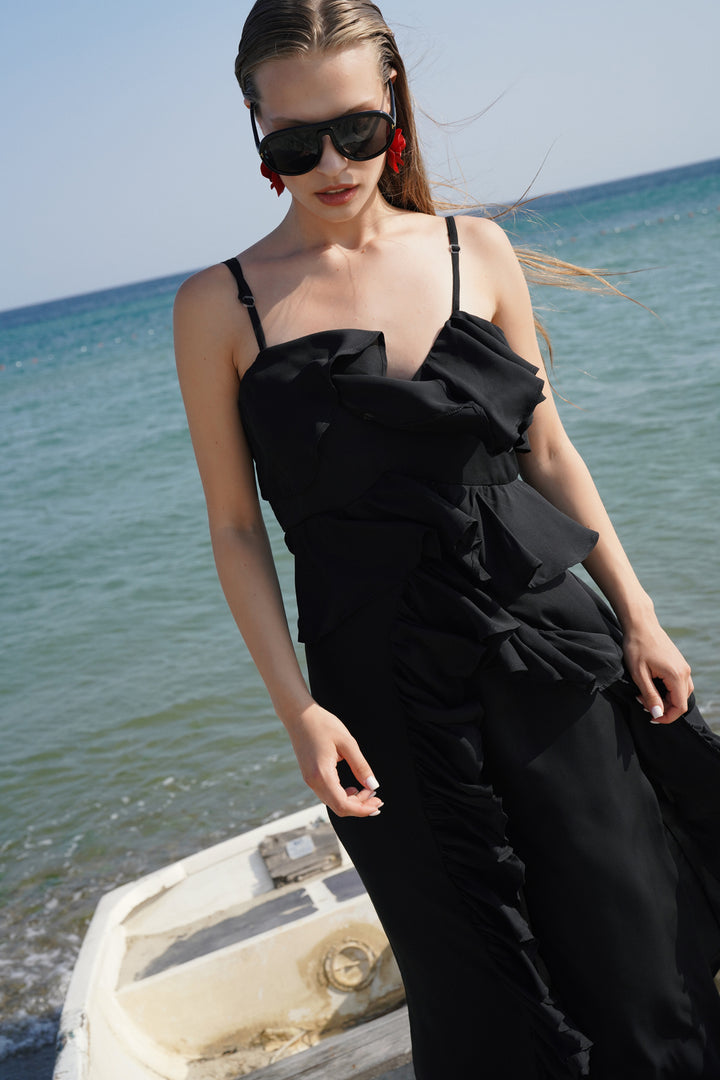 Strap Ruffle Detail Asymmetric Tulle Black Blouse