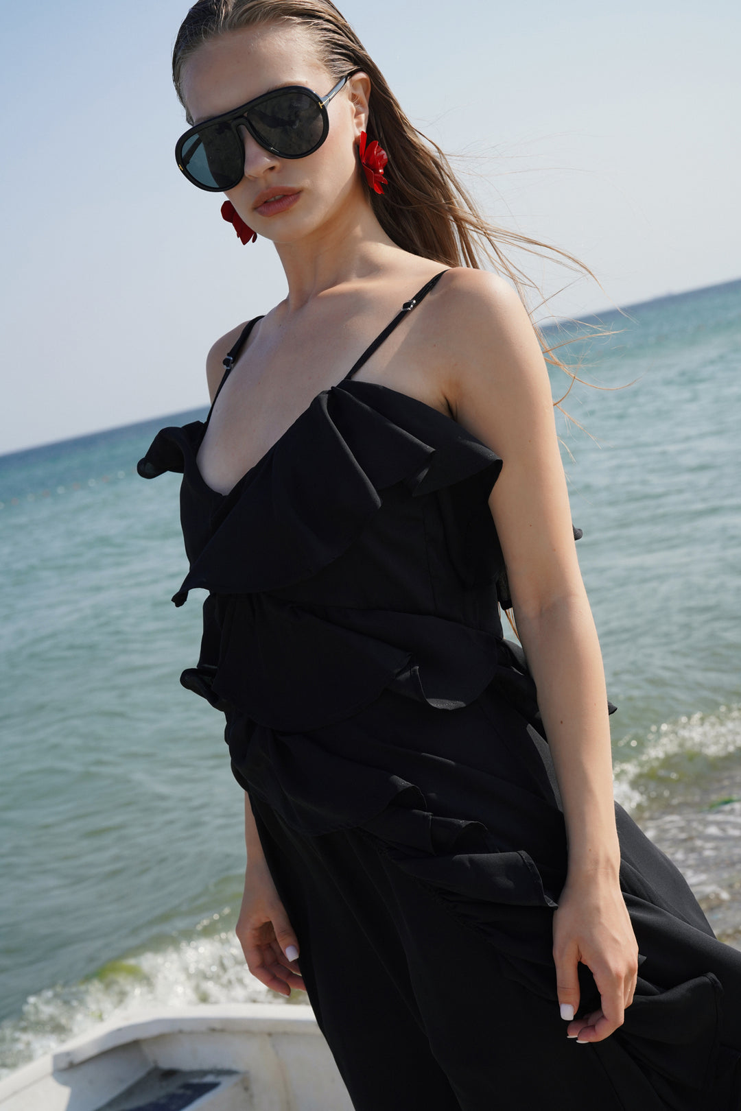 Strap Ruffle Detail Asymmetric Tulle Black Blouse