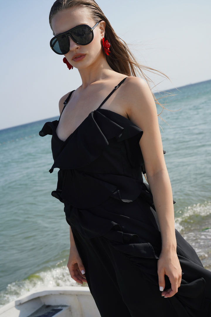 Strap Ruffle Detail Asymmetric Tulle Black Blouse