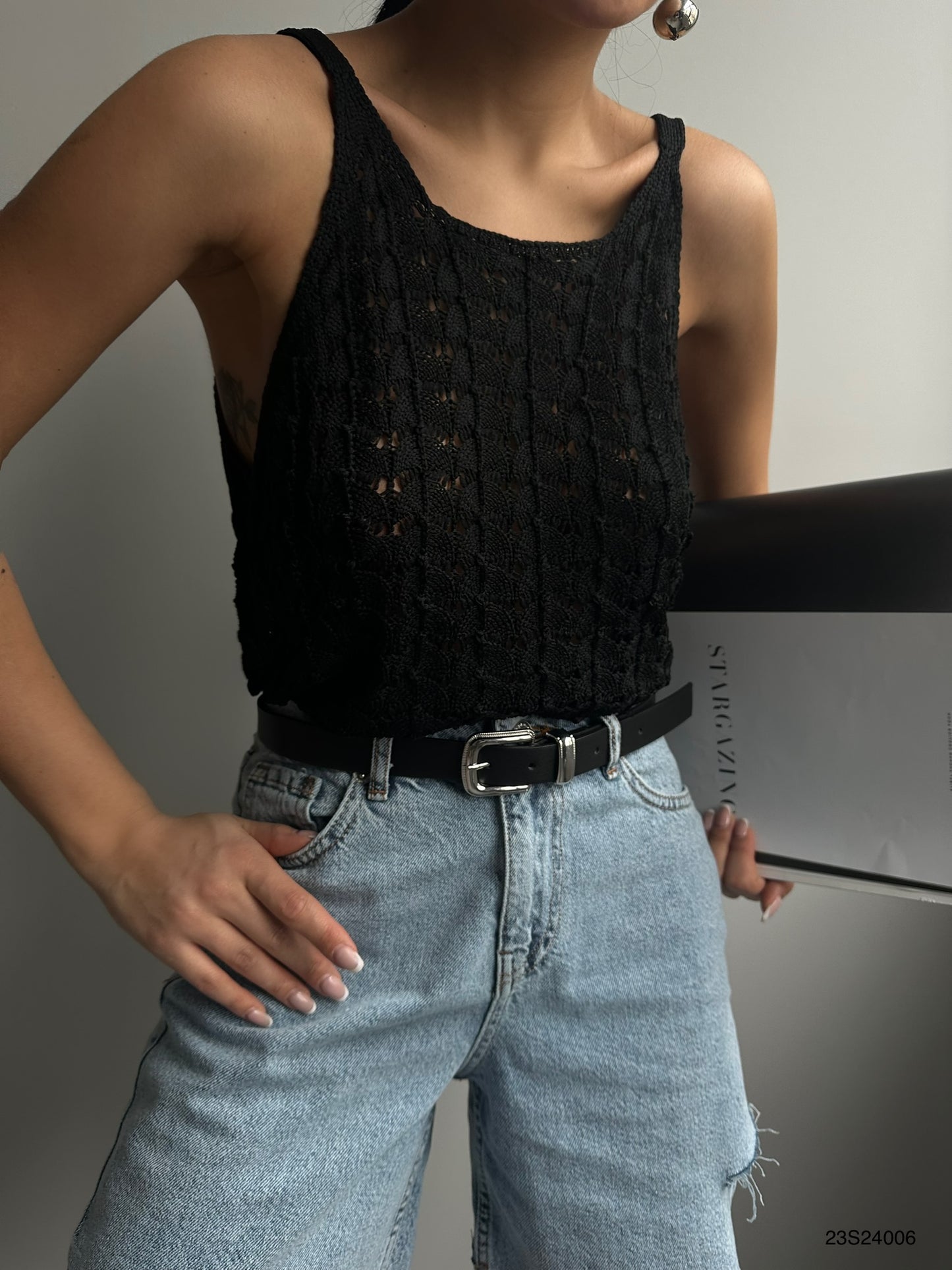 Black Knitted Blouse with Straps 