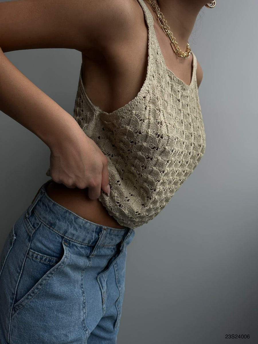 Beige Knitted Blouse with Straps 