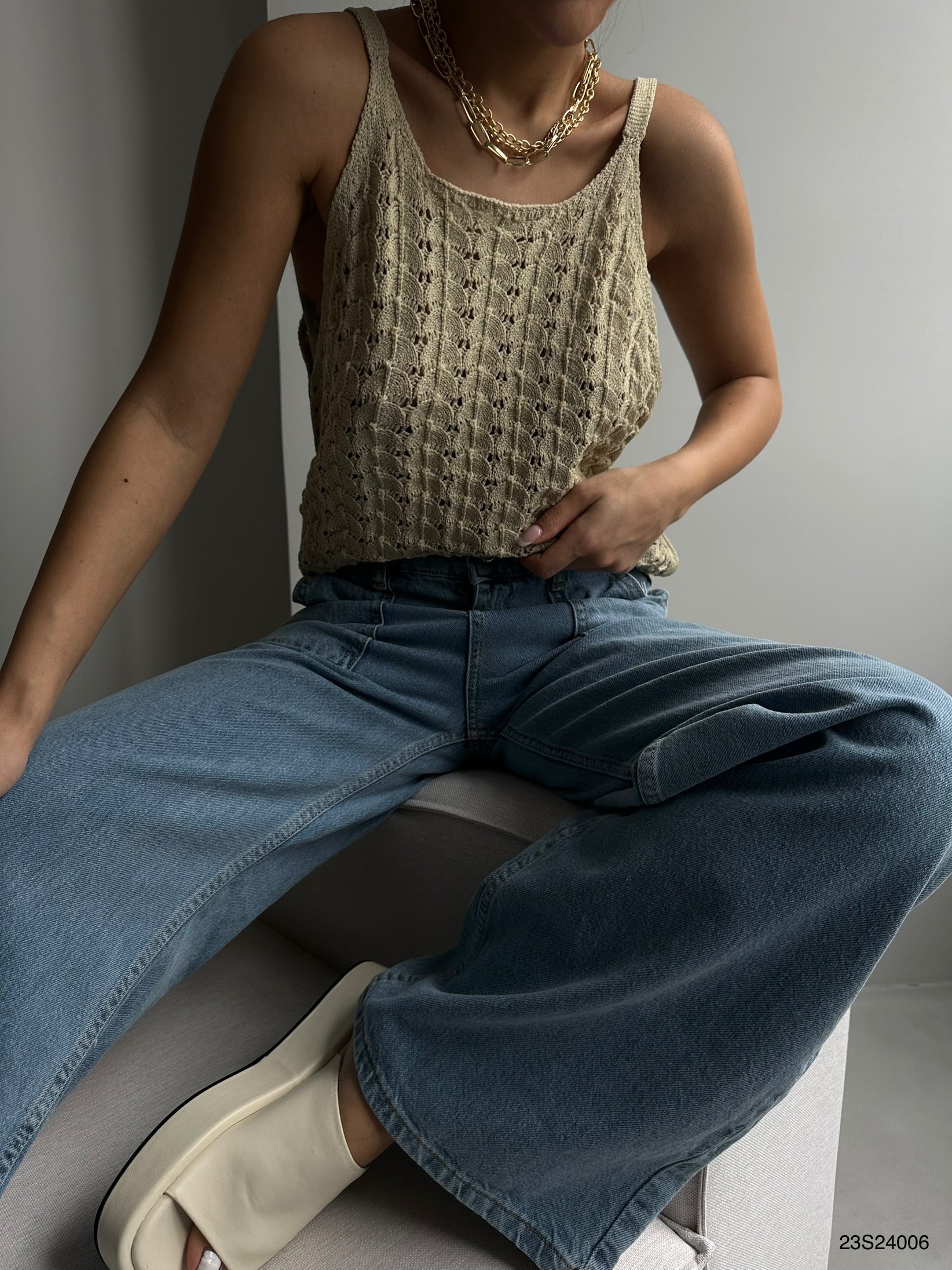 Beige Knitted Blouse with Straps 