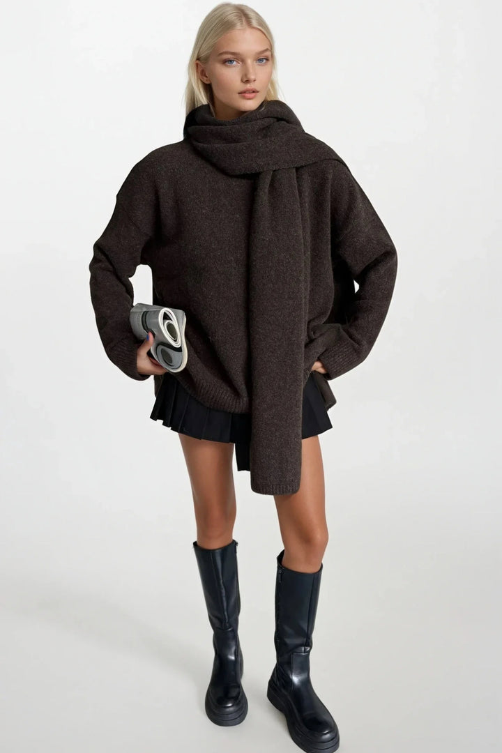 Atkı Detay Dokulu Kahverengi Triko Kazak İkili Takım