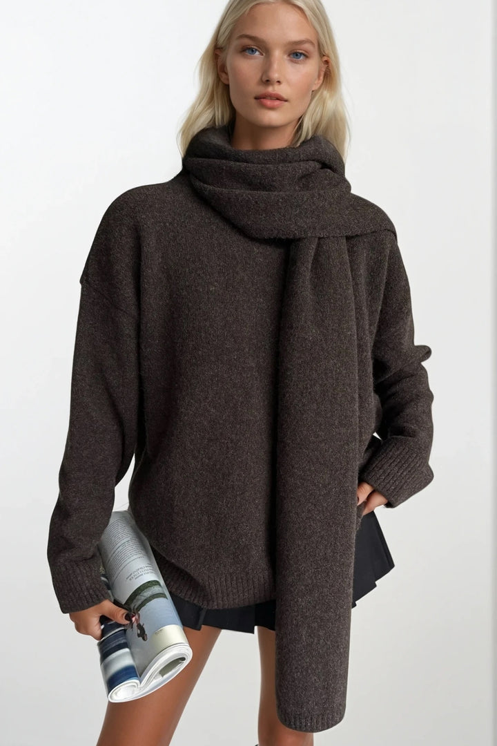 Atkı Detay Dokulu Kahverengi Triko Kazak İkili Takım