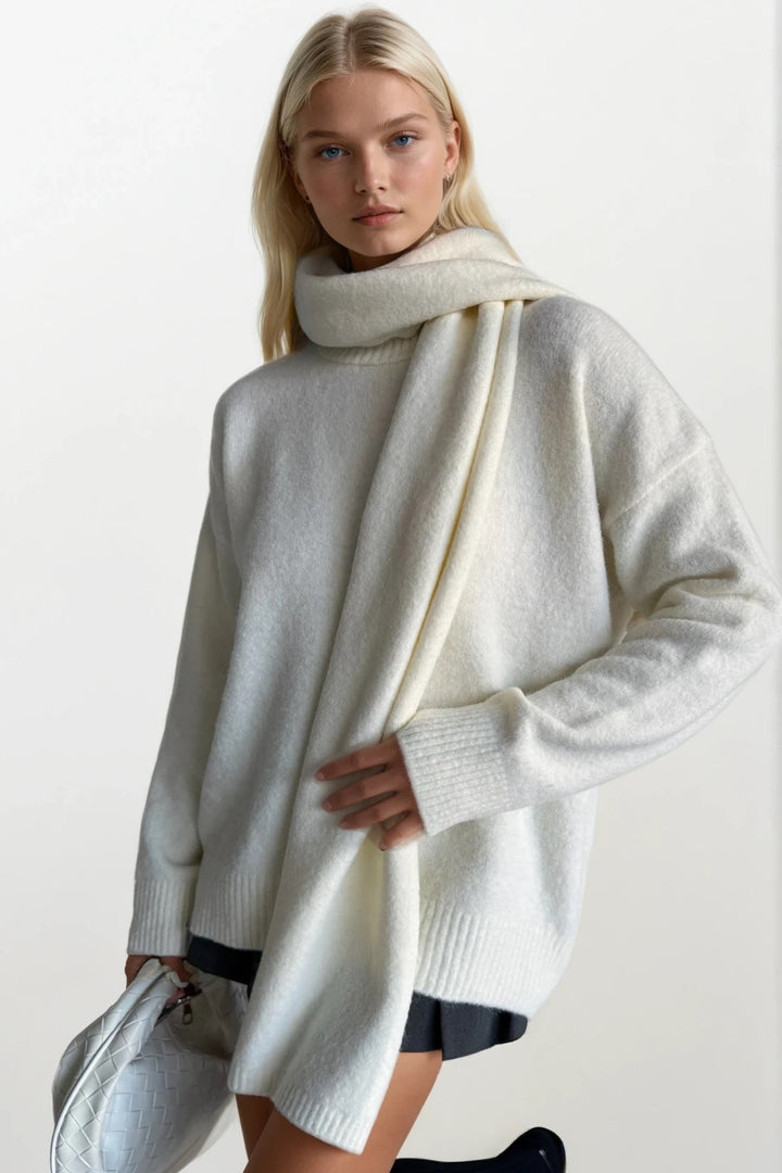 Atkı Detay Dokulu Ekru Triko Kazak İkili Takım