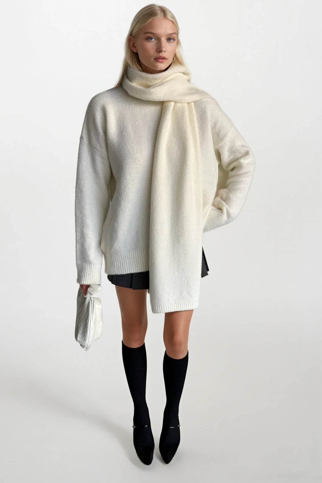 Atkı Detay Dokulu Ekru Triko Kazak İkili Takım