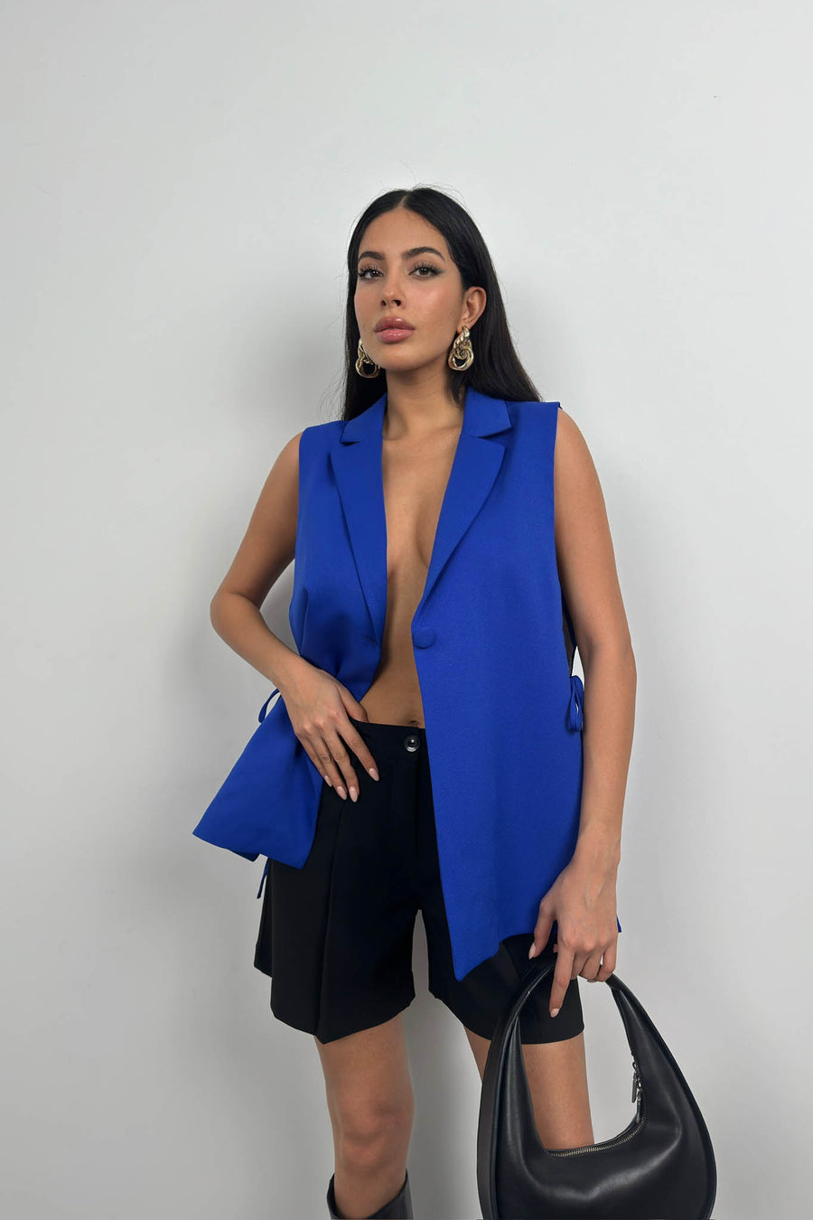 Lace Detail Blue Blazer Vest 