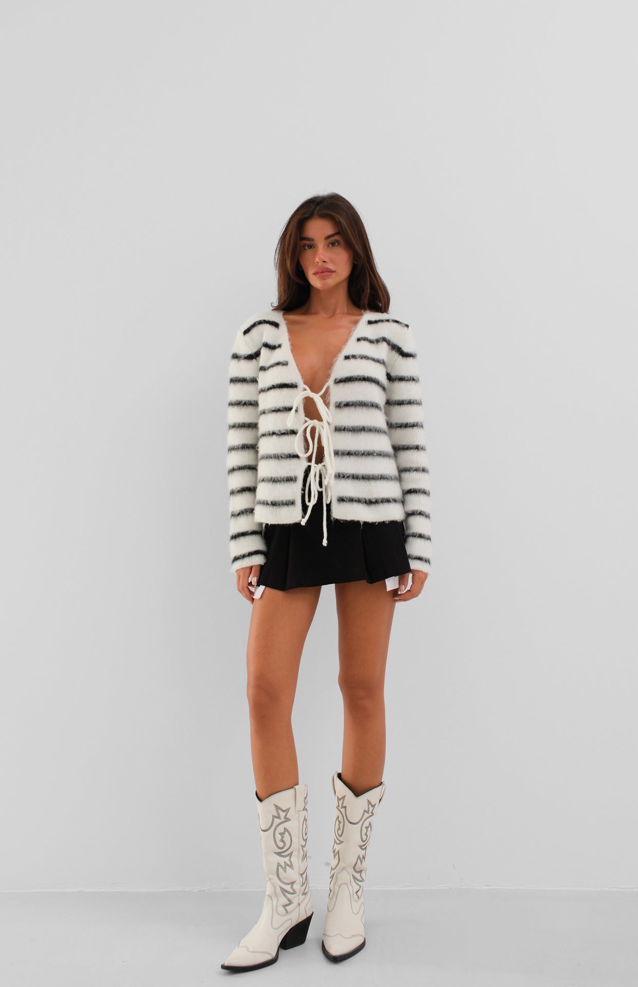 Striped Bearded Knitted White Cardigan with Lace Detail 