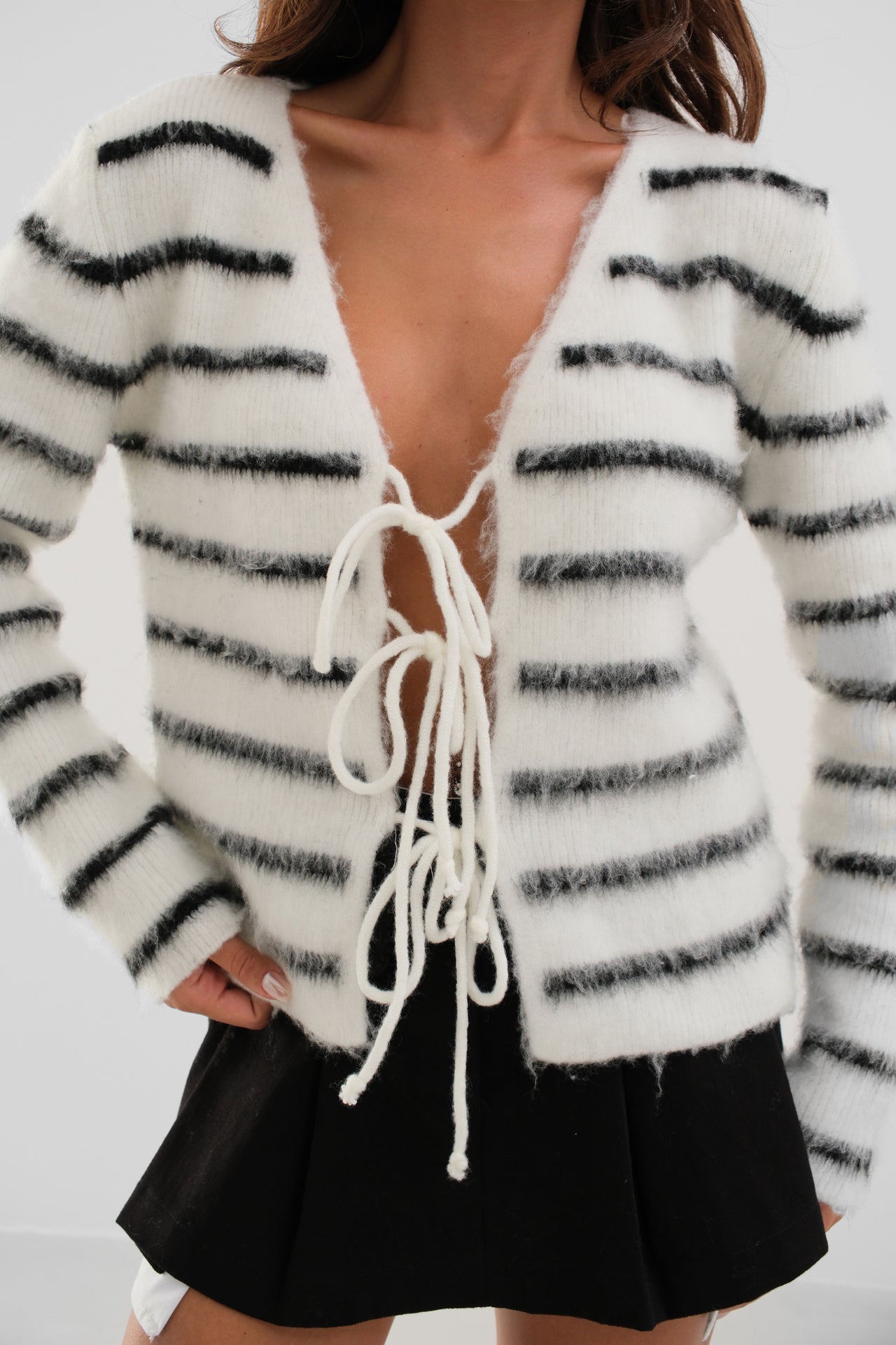 Striped Bearded Knitted White Cardigan with Lace Detail 