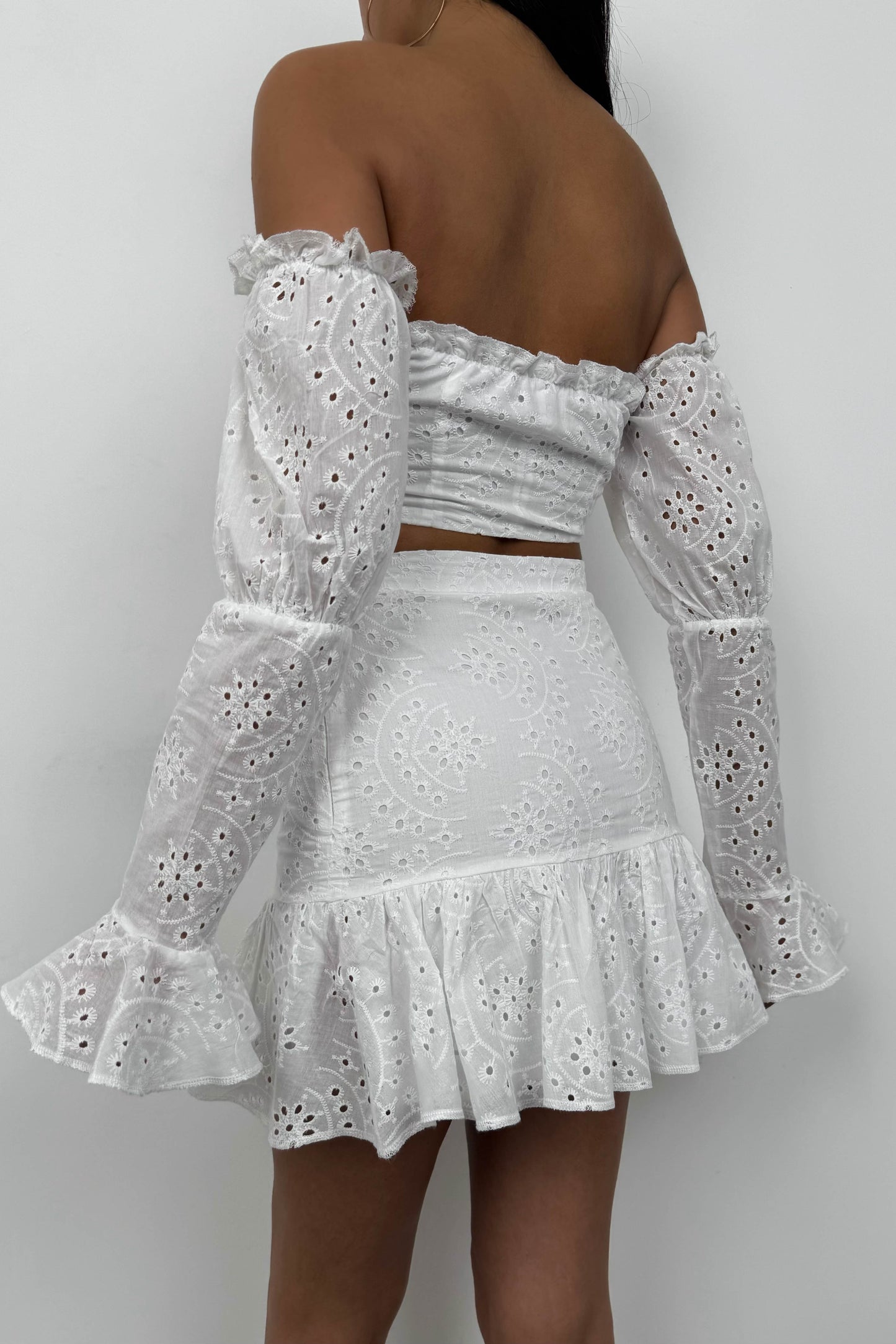 Laced White Crop Blouse Skirt Set 