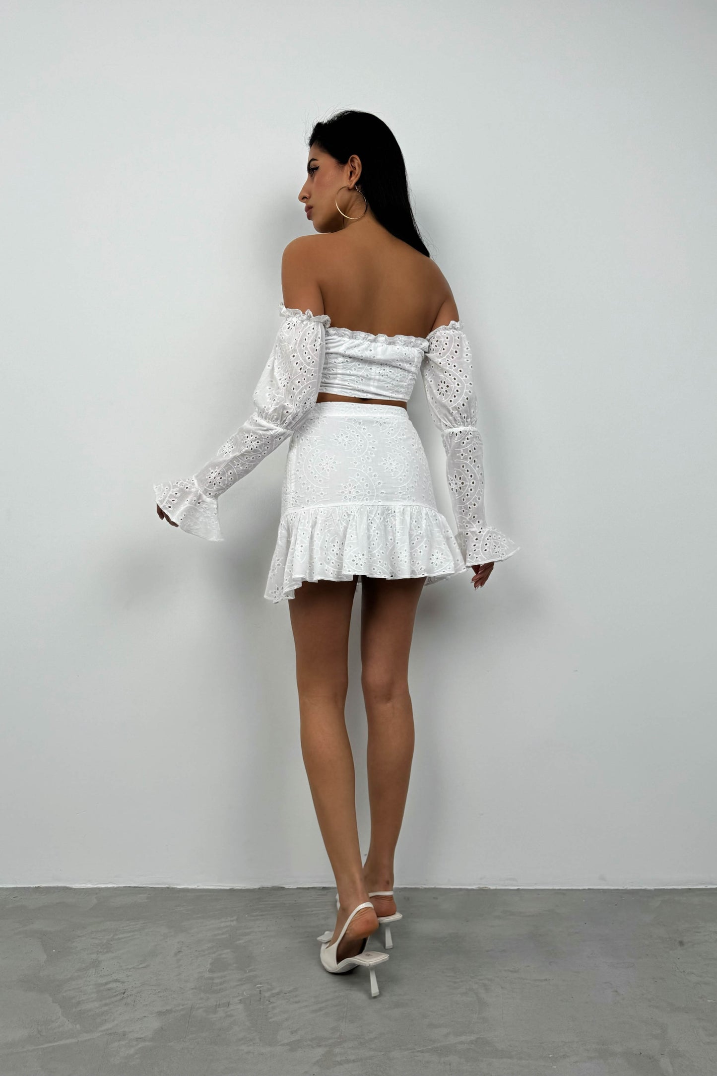 Laced White Crop Blouse Skirt Set 