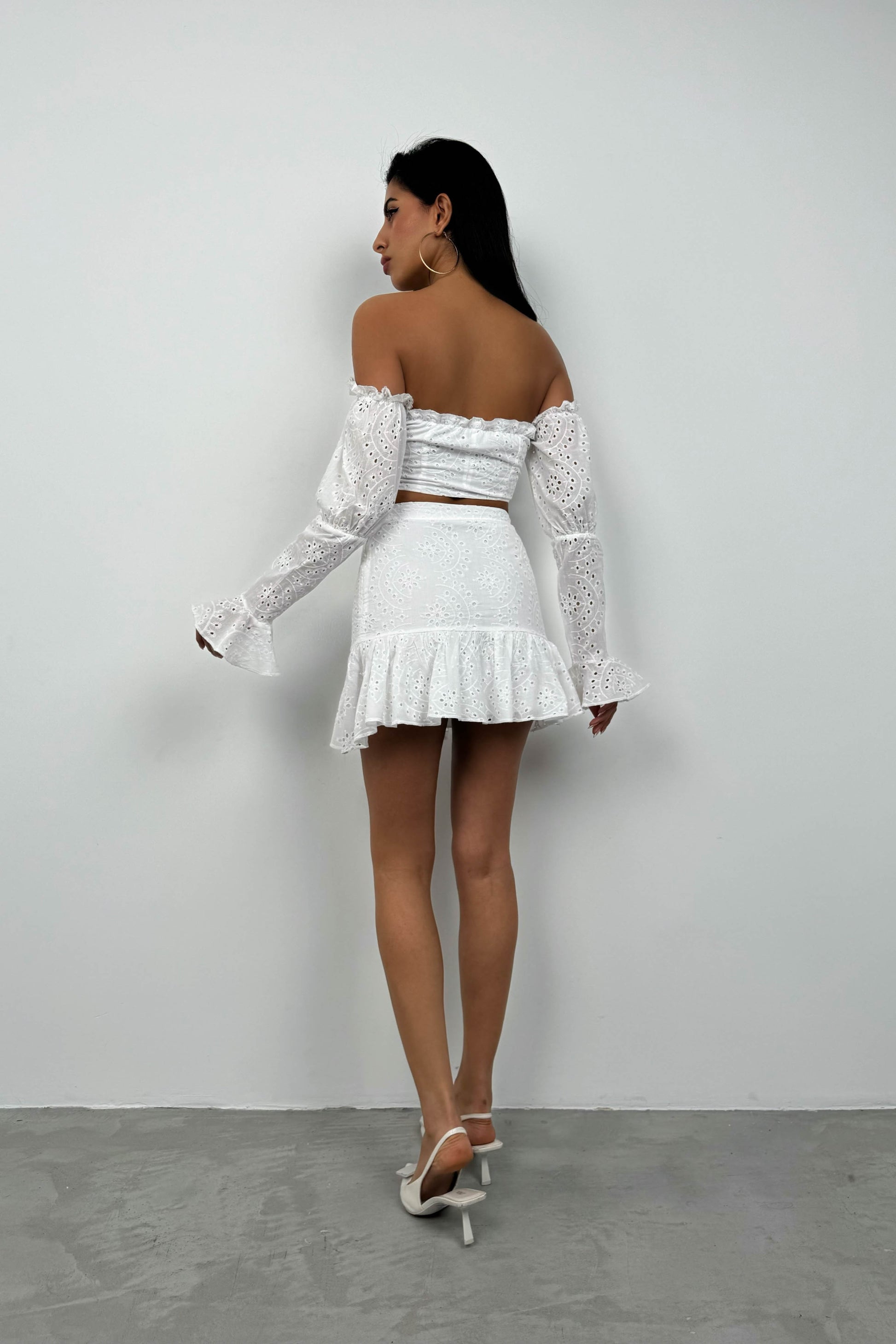 Laced White Crop Blouse Skirt Set 