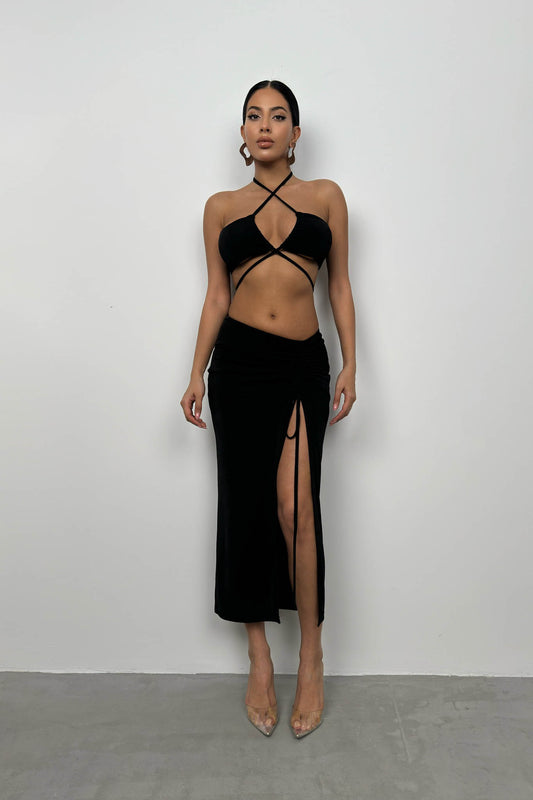 Lace-Up Crop Gathered Black Skirt Set 