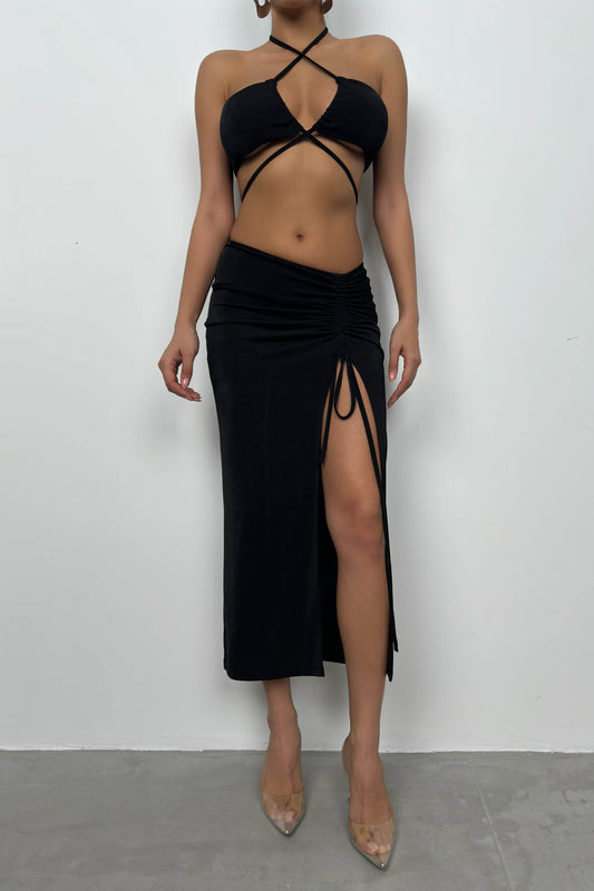 Lace-Up Crop Gathered Black Skirt Set 