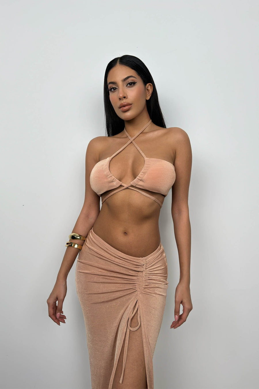 Lace-Up Crop Gathered Beige Skirt Set 