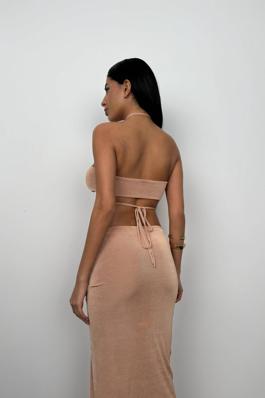 Lace-Up Crop Gathered Beige Skirt Set 