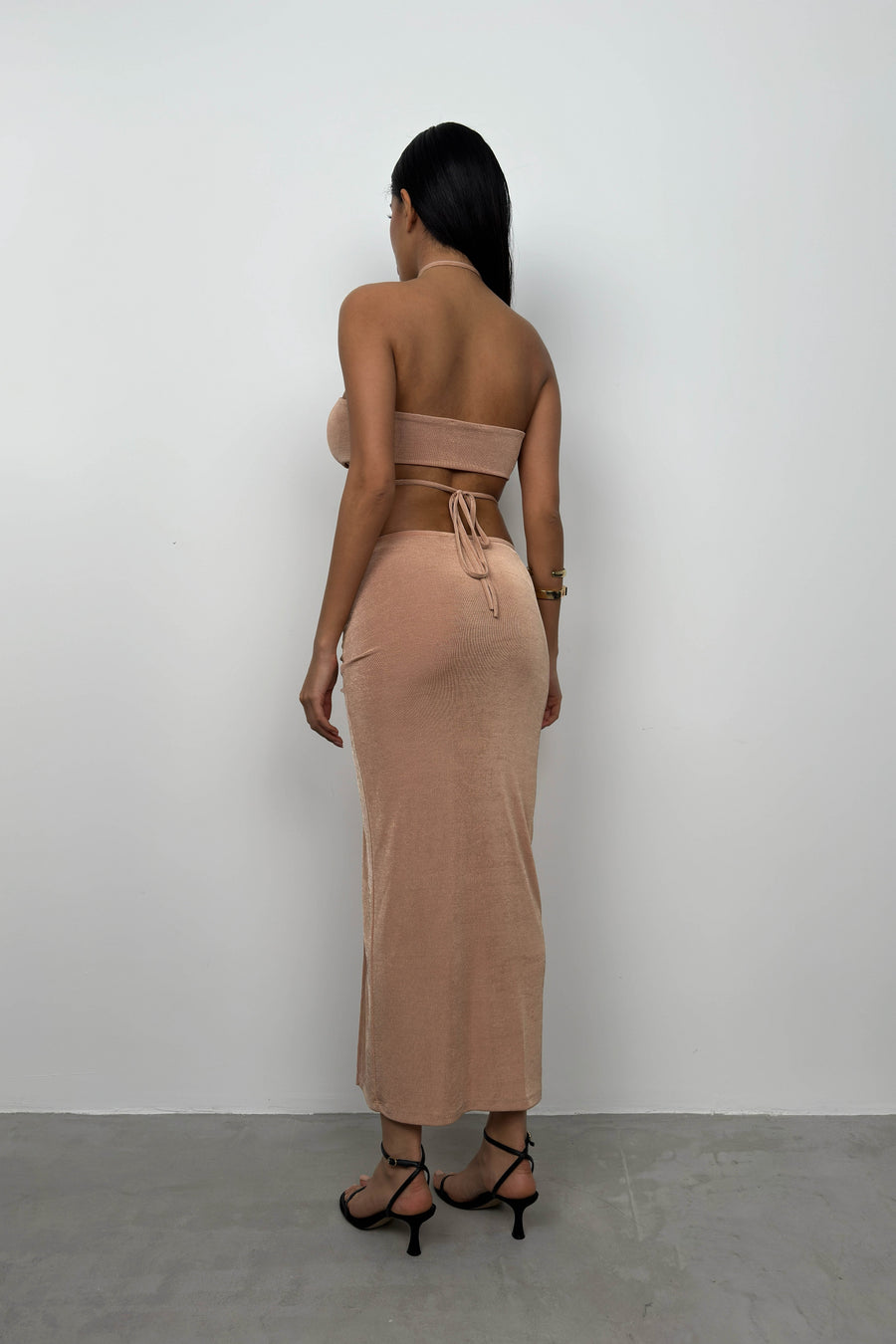 Lace-Up Crop Gathered Beige Skirt Set 