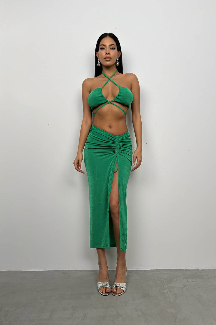 Bağcıklı Crop Büzgülü Yeşil Etek Takım