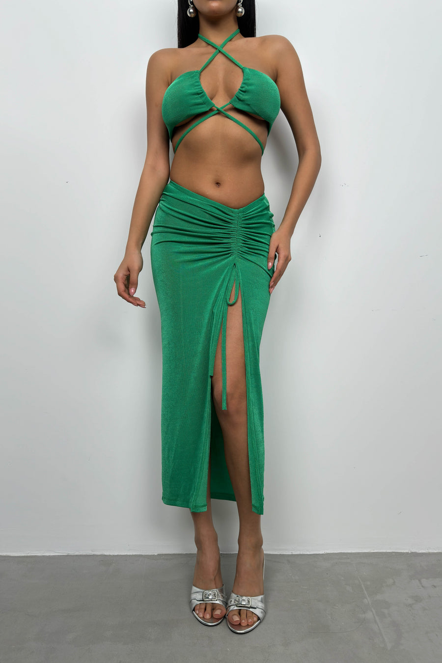 Lace-Up Crop Gathered Green Skirt Set 