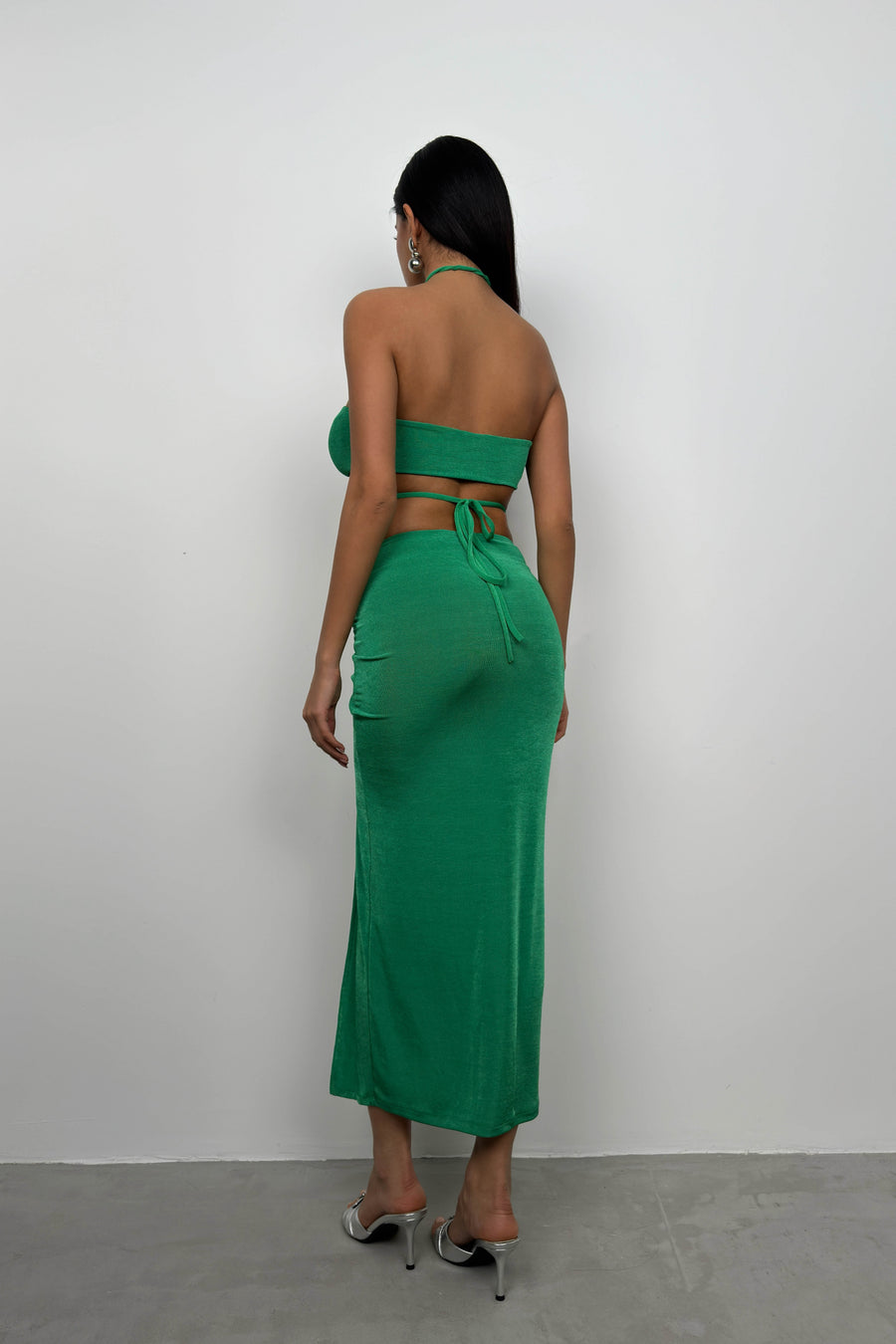 Lace-Up Crop Gathered Green Skirt Set 