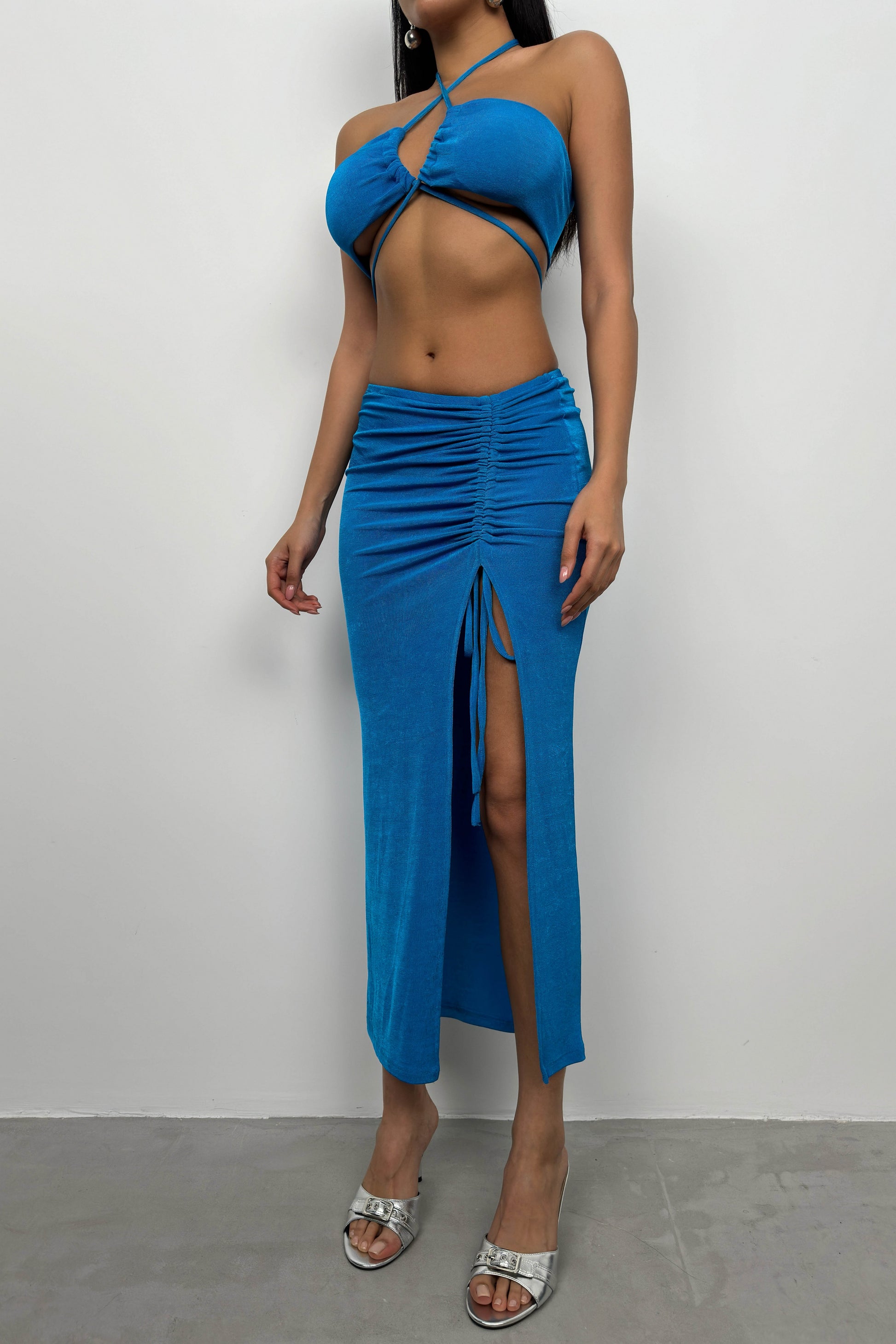 Lace-Up Crop Gathered Blue Skirt Set 