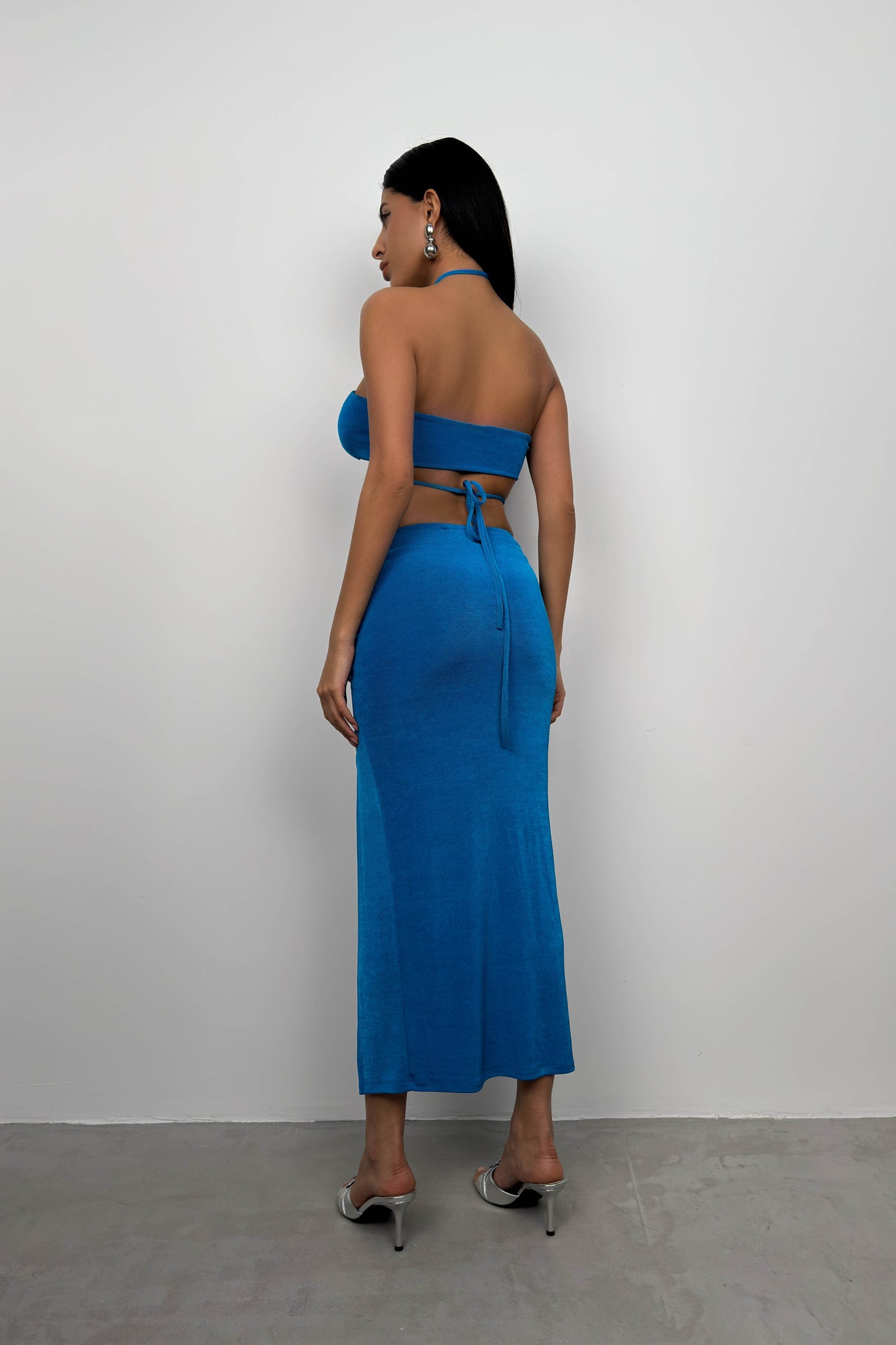 Lace-Up Crop Gathered Blue Skirt Set 