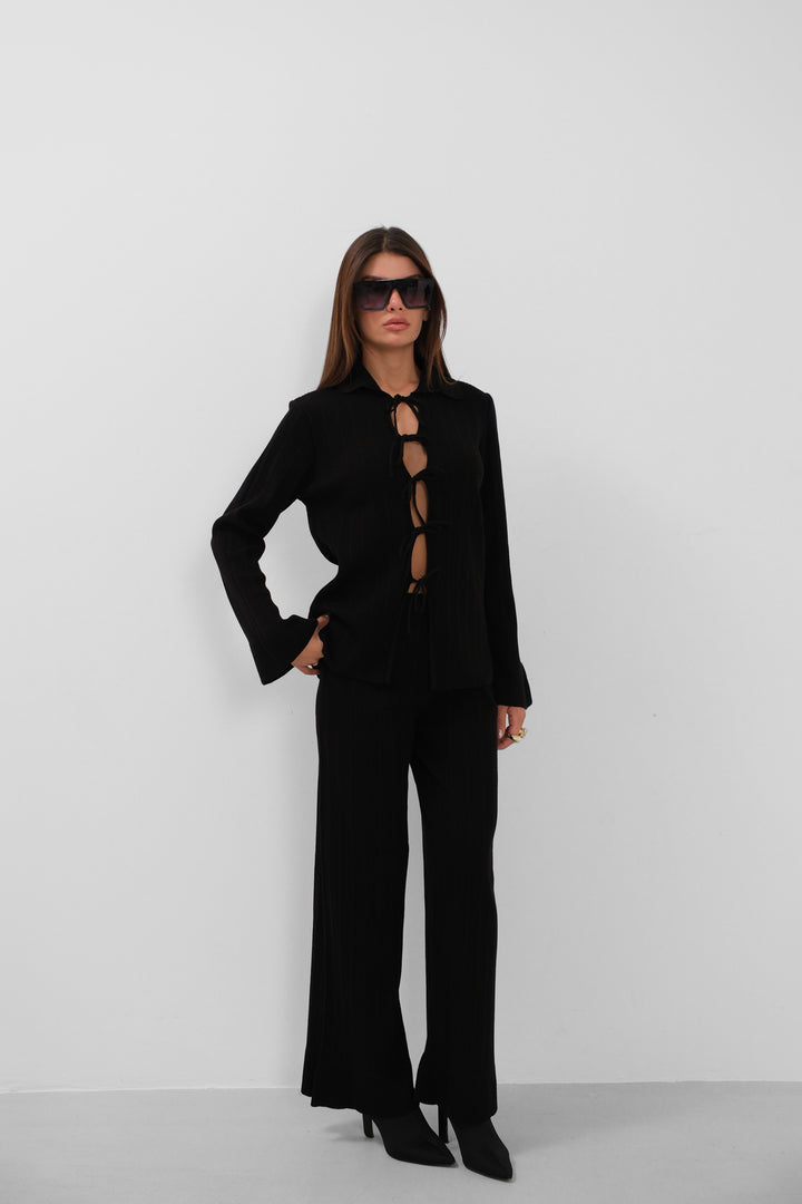 Bağcıklı Hırka Oversize Pantolon Triko Siyah Takım