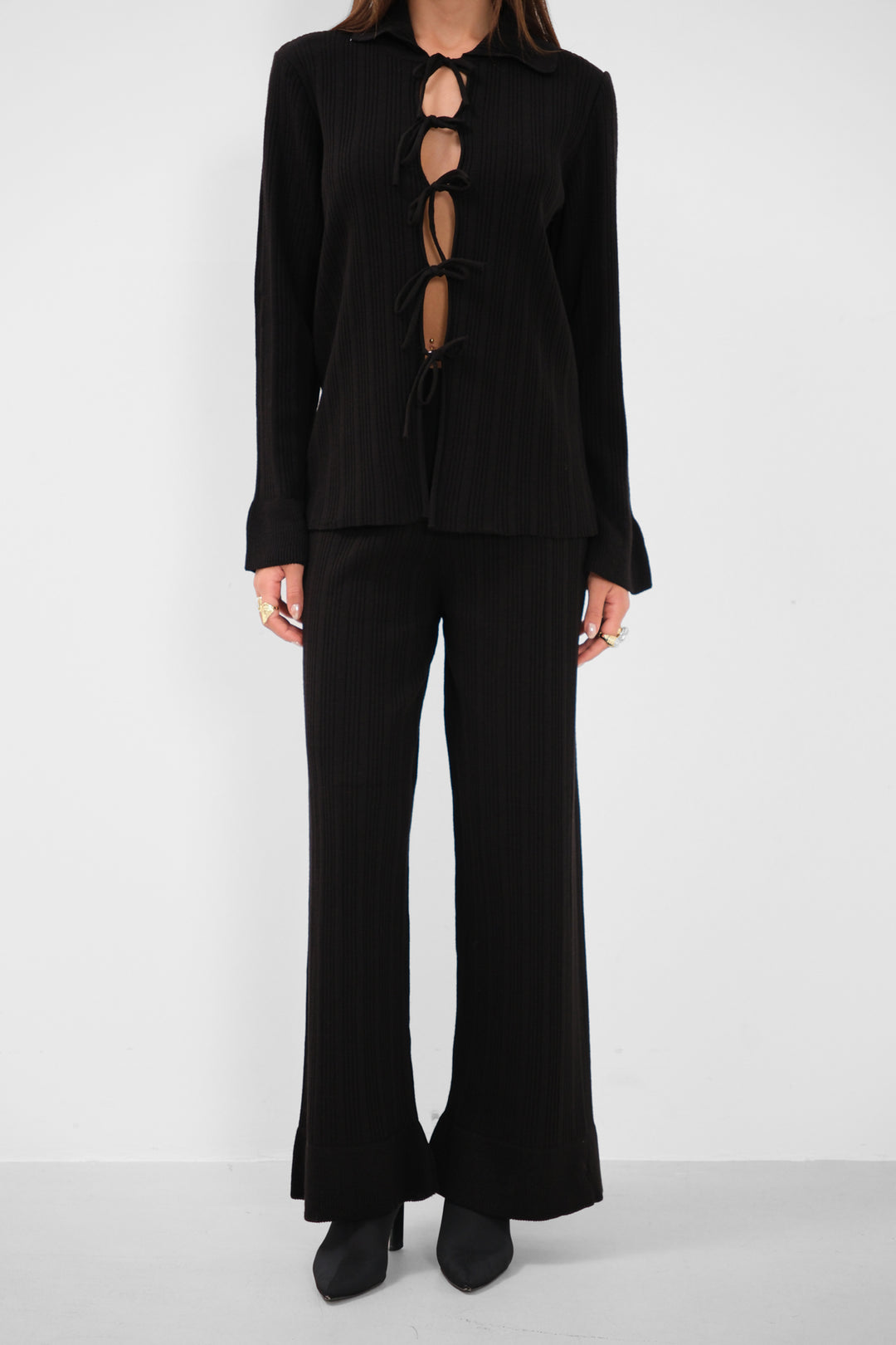 Bağcıklı Hırka Oversize Pantolon Triko Siyah Takım