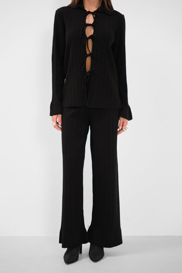 Bağcıklı Hırka Oversize Pantolon Triko Siyah Takım