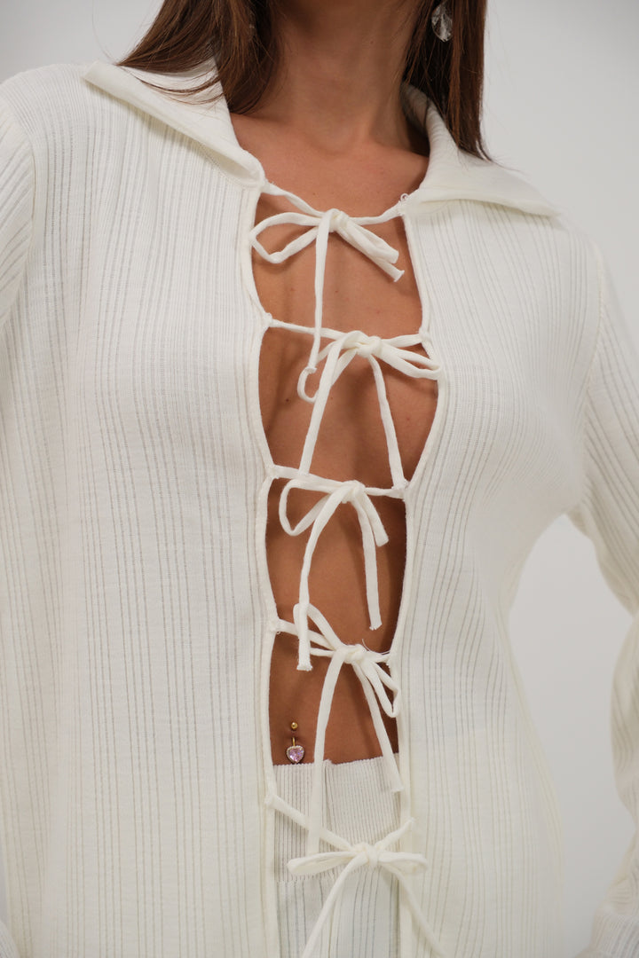 Bağcıklı Hırka Oversize Pantolon Triko Ekru Takım