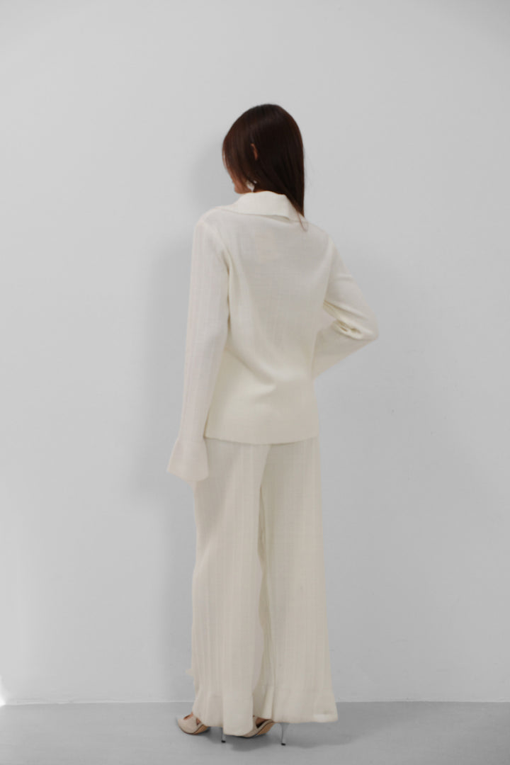 Bağcıklı Hırka Oversize Pantolon Triko Ekru Takım