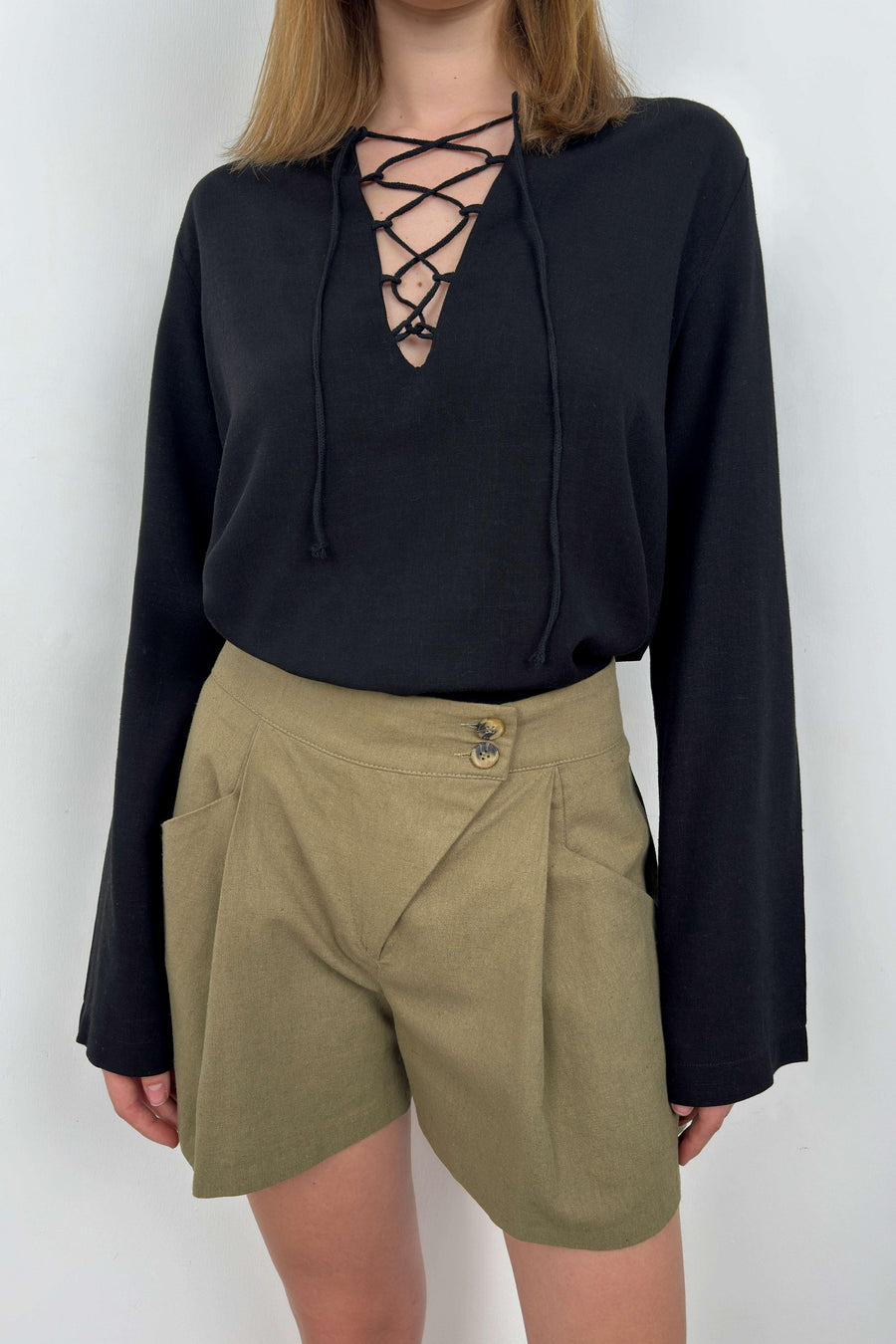 Laced Black Linen Blouse 