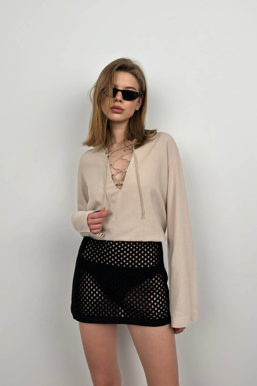 Laced Beige Linen Blouse 