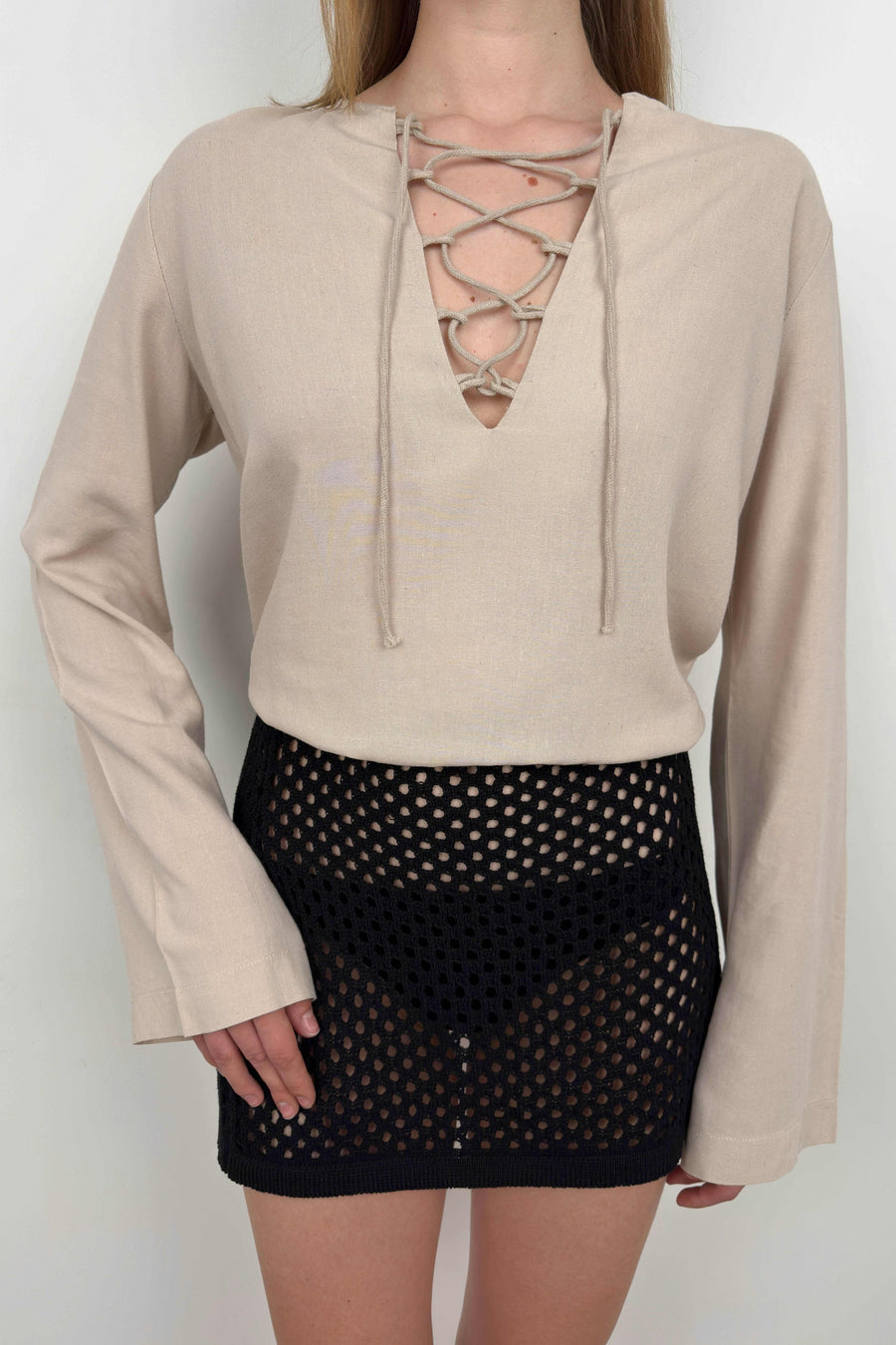 Laced Beige Linen Blouse 