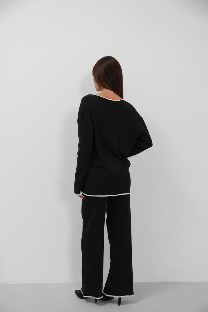 Bağcıklı ve Biye Detaylı Hırka Pantolon Triko Siyah Takım