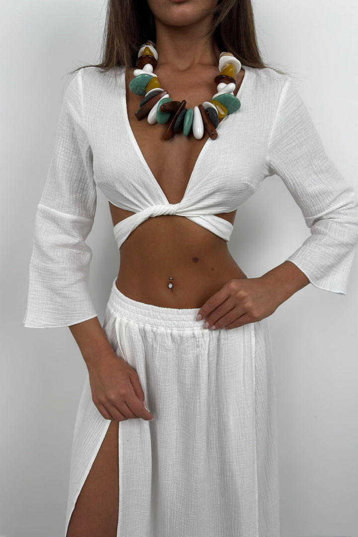 Bağcıklı Yırtmaçlı Beyaz Etek Takım