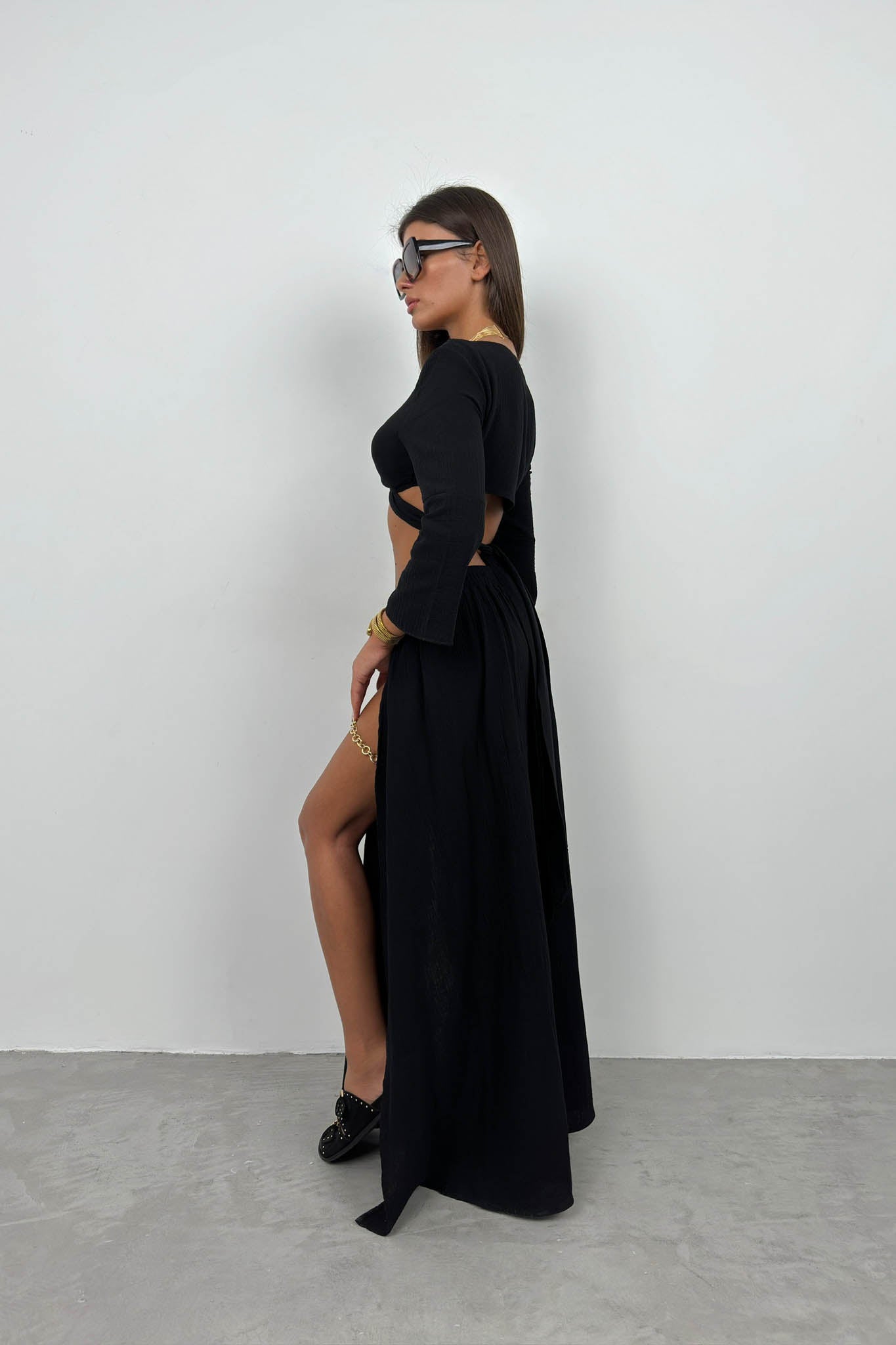 Lace-Up Slit Black Skirt Set 