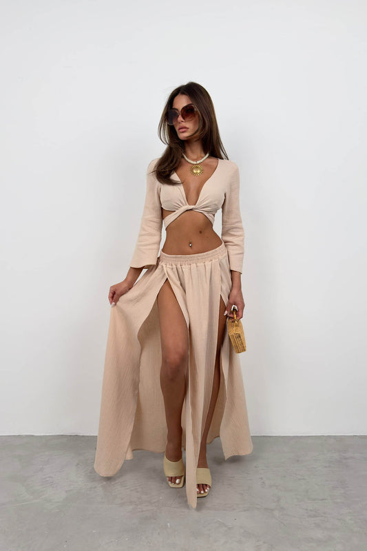 Lace-Up Slit Beige Skirt Set 