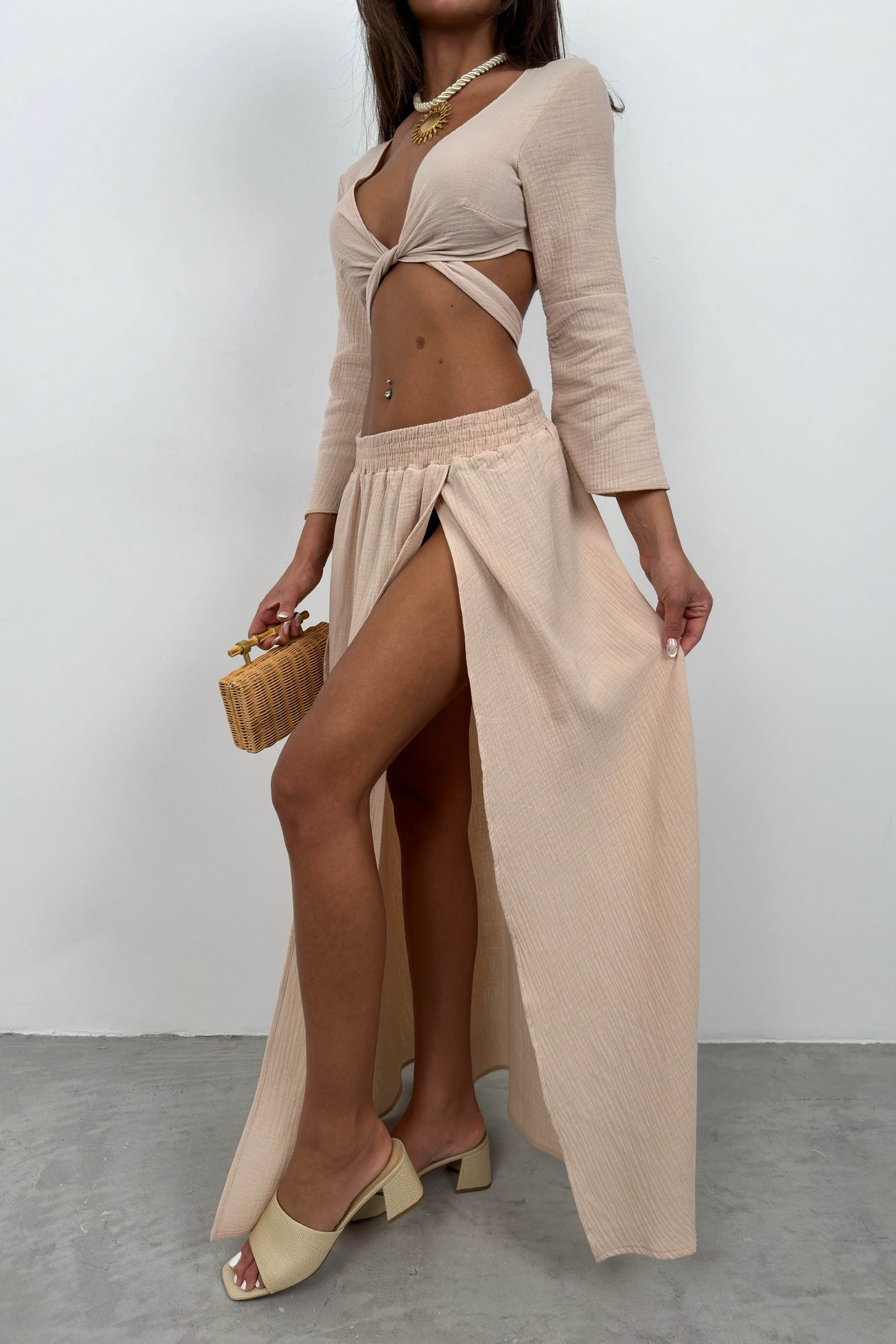 Lace-Up Slit Beige Skirt Set 