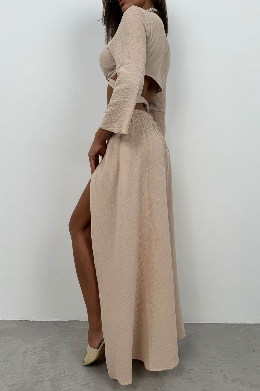 Lace-Up Slit Beige Skirt Set 