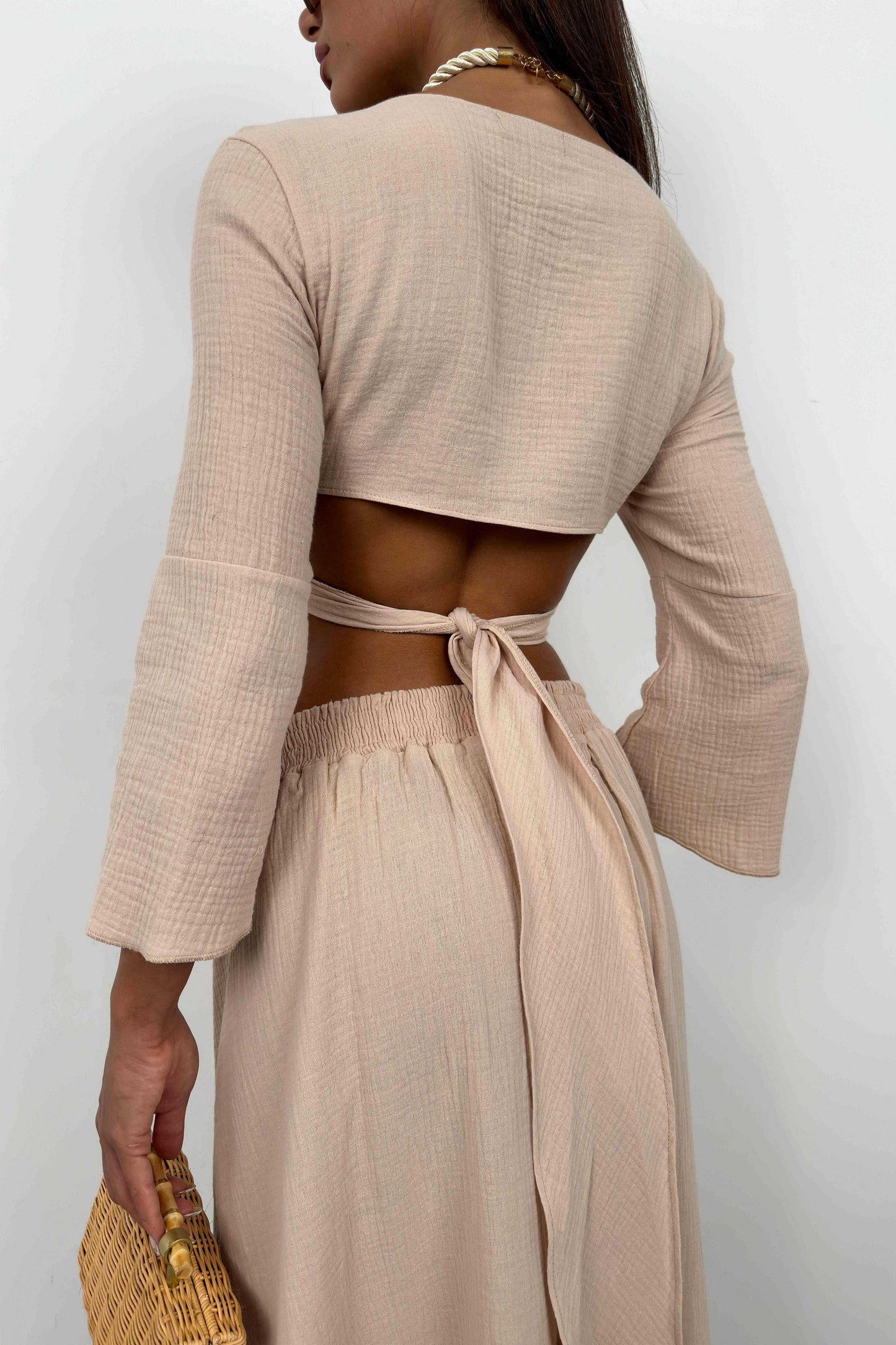 Lace-Up Slit Beige Skirt Set 